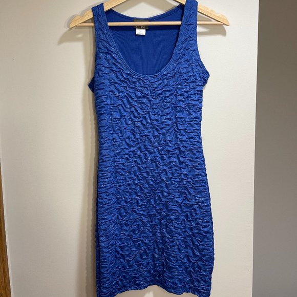DOTS | BLUE AND SILVER METALLIC RUCHED BODYCON DRESS | SIZE S - Picture 1 of 5